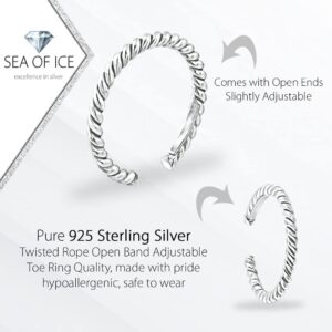 SEA OF ICE Toe Rings for Women Sterling Silver Twisted Rope Open Band Adjustable Jewelry