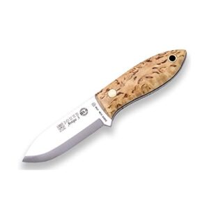 Joker Bushcraft Avispa S CL121, curly birch wood handle, 3.15 inches blade with spine grip, includes brown leather Sheath, Tool for fishing, Hunting, camping and hiking