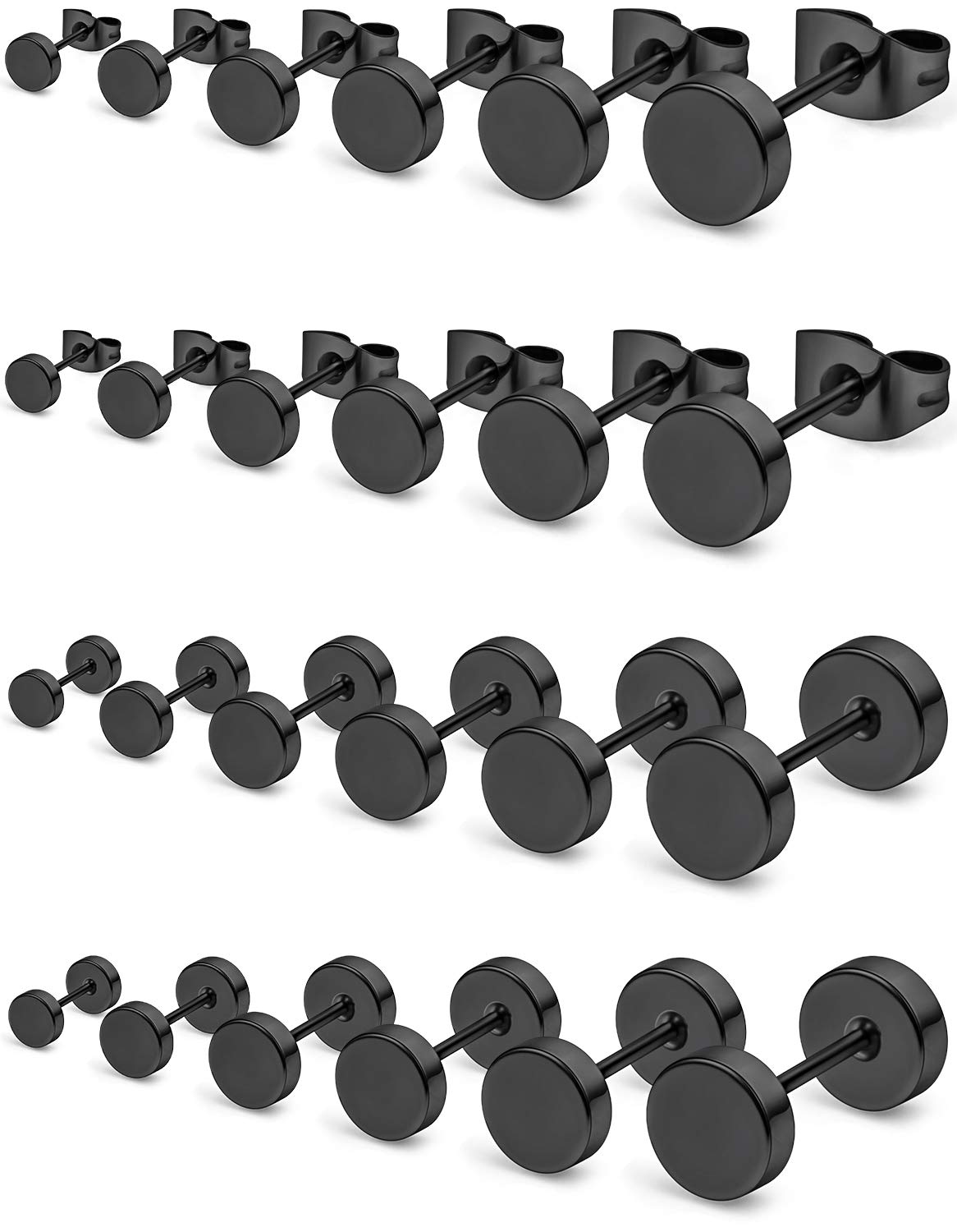 Prjndjw 12 Pairs 20G 18G Surgical Steel Flat Top Stud Earrings Set for Women Men Helix Tragus Barbell Stud Earrings Piercing Jewelry Mix Sizes 3mm 4mm 5mm 6mm 7mm 8mm Black