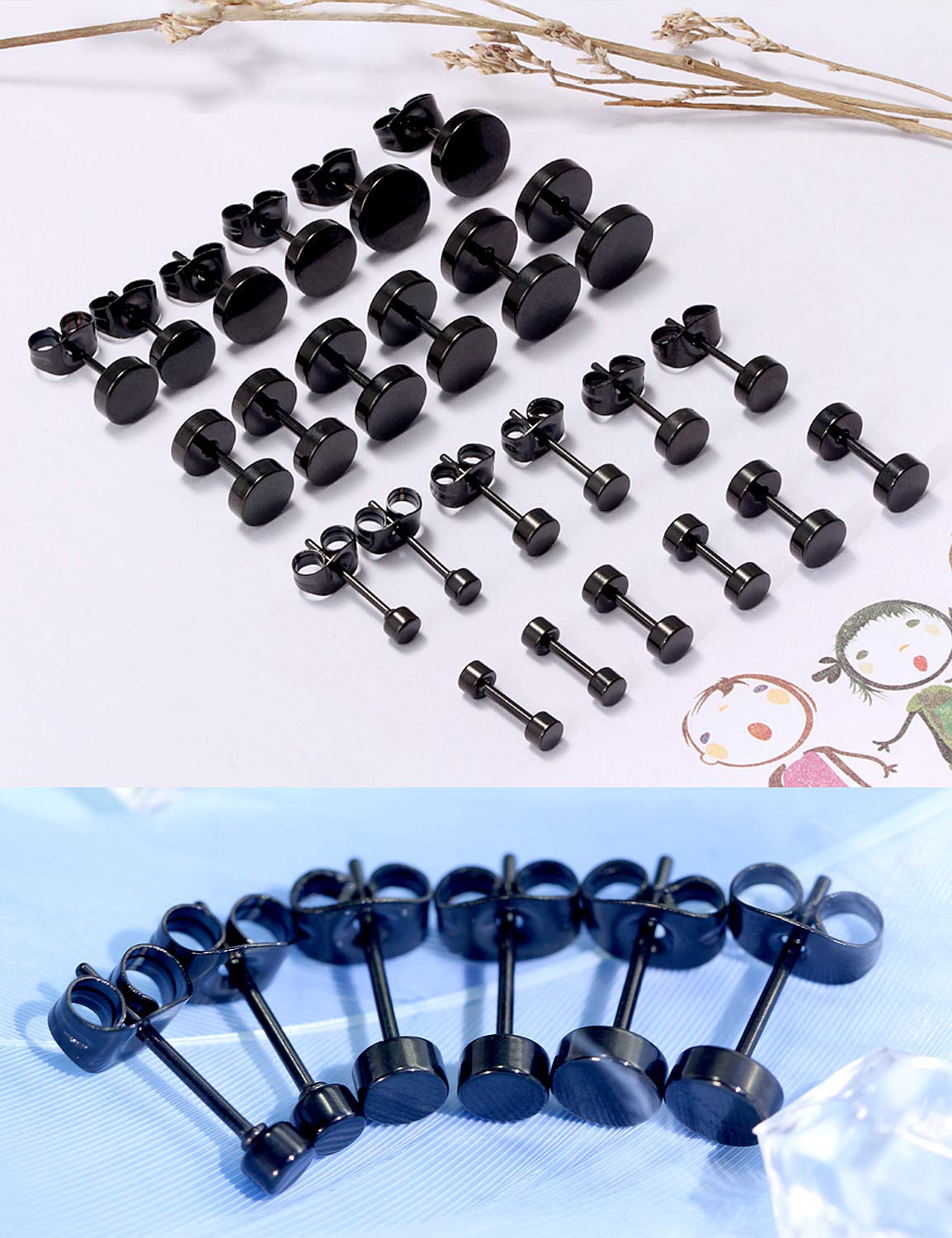 Prjndjw 12 Pairs 20G 18G Surgical Steel Flat Top Stud Earrings Set for Women Men Helix Tragus Barbell Stud Earrings Piercing Jewelry Mix Sizes 3mm 4mm 5mm 6mm 7mm 8mm Black