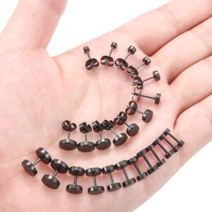 Prjndjw 12 Pairs 20G 18G Surgical Steel Flat Top Stud Earrings Set for Women Men Helix Tragus Barbell Stud Earrings Piercing Jewelry Mix Sizes 3mm 4mm 5mm 6mm 7mm 8mm Black