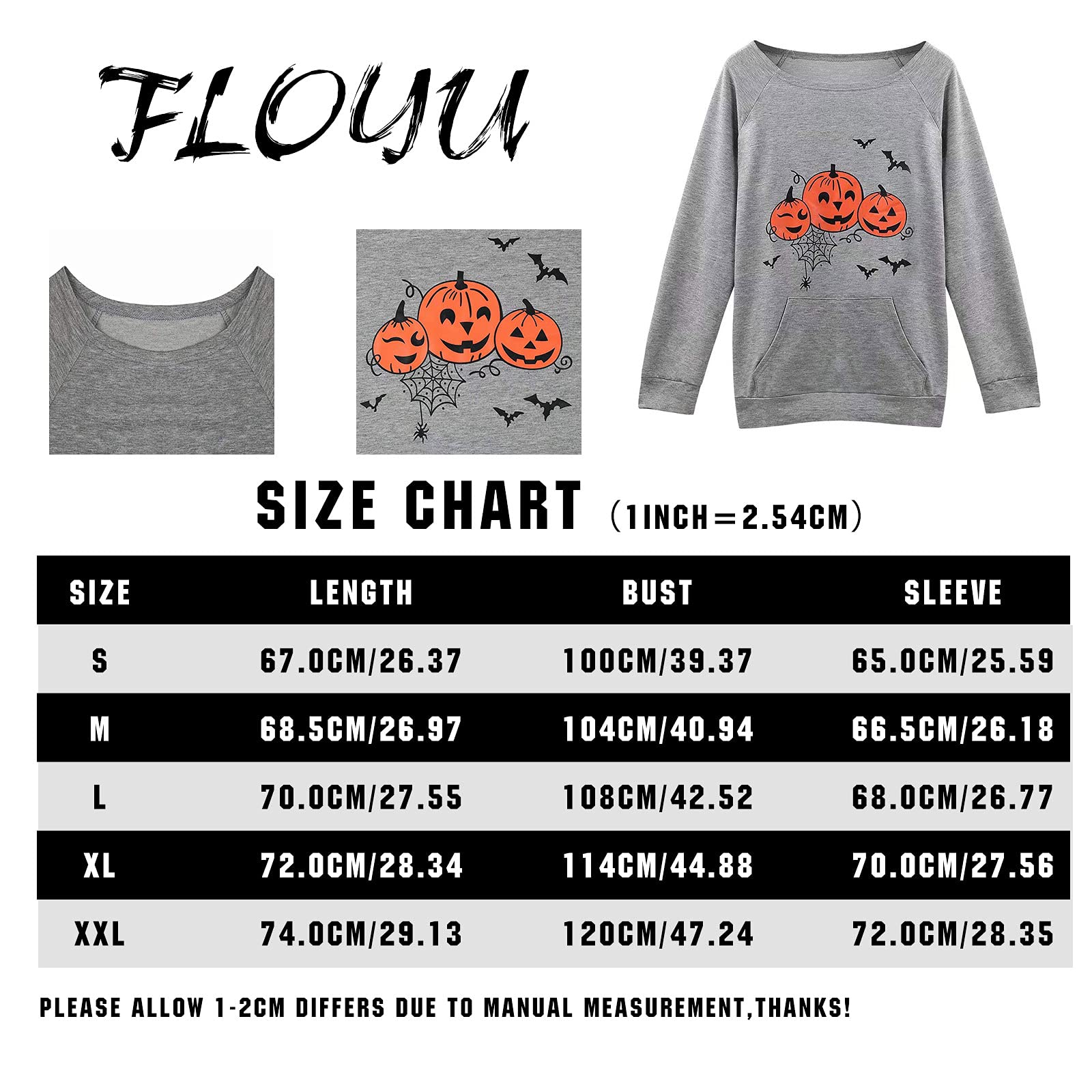 FLOYU Pumpkin Face Sweatshirt Women Halloween Off The Shoulder Tops Fall Pumpkin Pullover Halloween Long Sleeve Clothes Grey