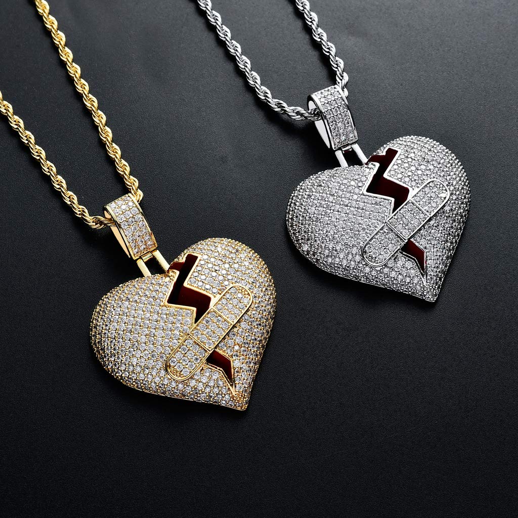 Moca Jewelry Iced Out Exquisite Band-Aid Heartbreak Pendant 18K Gold Plated Chain Bling CZ Simulated Diamond Hip Hop Necklace for Men Women (Silver)