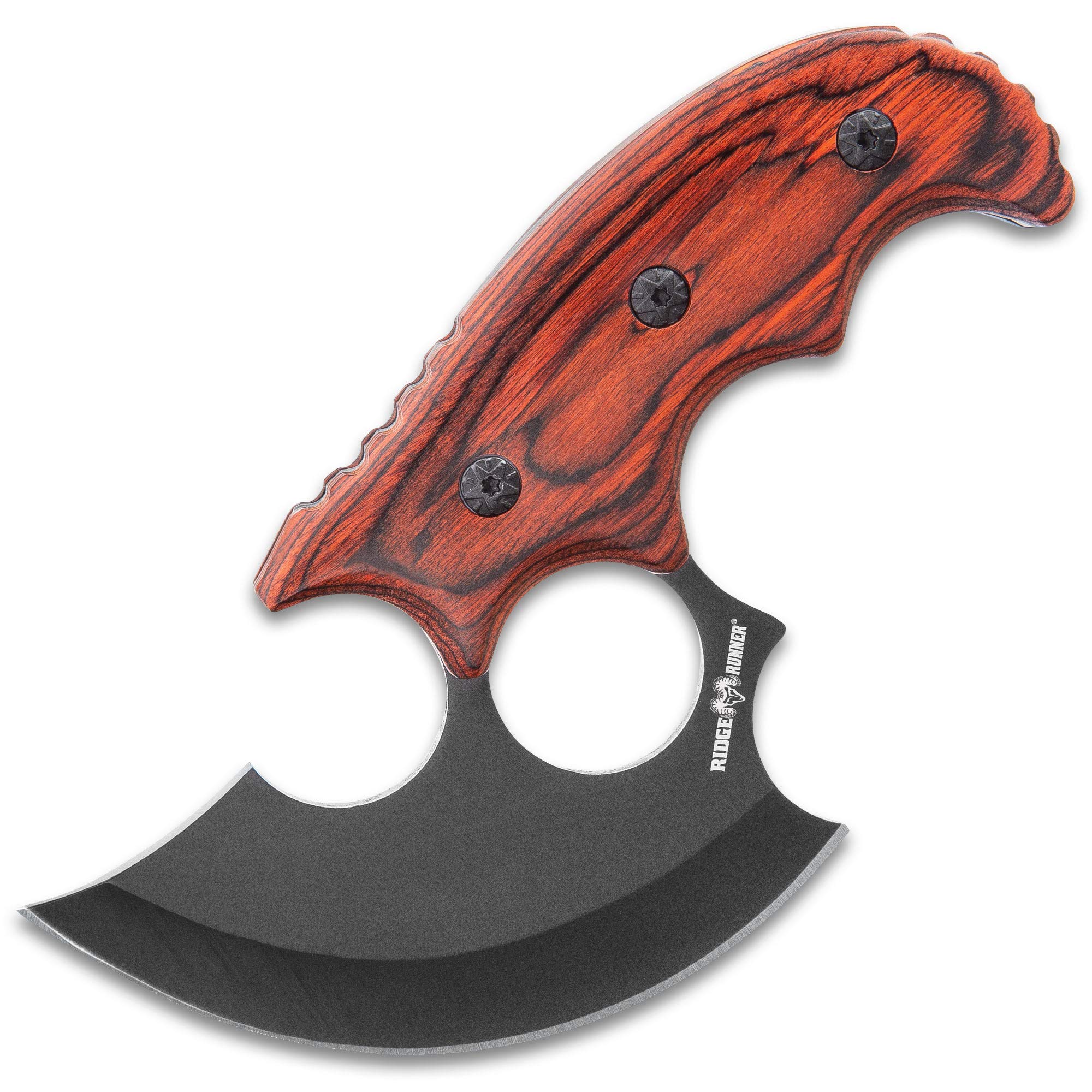 Ridge Runner Modified Ulu Knife with Sheath - Non-Reflective Curved Stainless Steel Blade, Reddish-Brown Wooden Handle Scales, Nylon Belt Sheath -Unique Blade for Hunters - 6 1/2" Overall