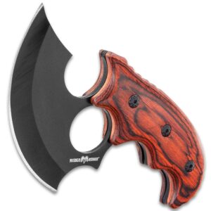 Ridge Runner Modified Ulu Knife with Sheath - Non-Reflective Curved Stainless Steel Blade, Reddish-Brown Wooden Handle Scales, Nylon Belt Sheath -Unique Blade for Hunters - 6 1/2" Overall