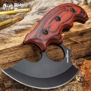 Ridge Runner Modified Ulu Knife with Sheath - Non-Reflective Curved Stainless Steel Blade, Reddish-Brown Wooden Handle Scales, Nylon Belt Sheath -Unique Blade for Hunters - 6 1/2" Overall