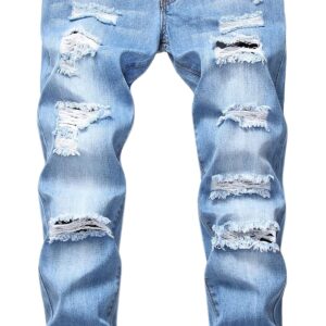 Enrica Men's Skinny Ripped Distressed Destroyed Straight Fit Denim Jeans (Light Blue 305, 34)