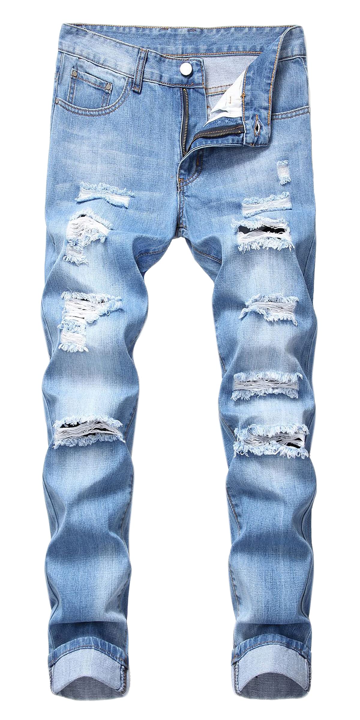 Enrica Men's Skinny Ripped Distressed Destroyed Straight Fit Denim Jeans (Light Blue 305, 34)