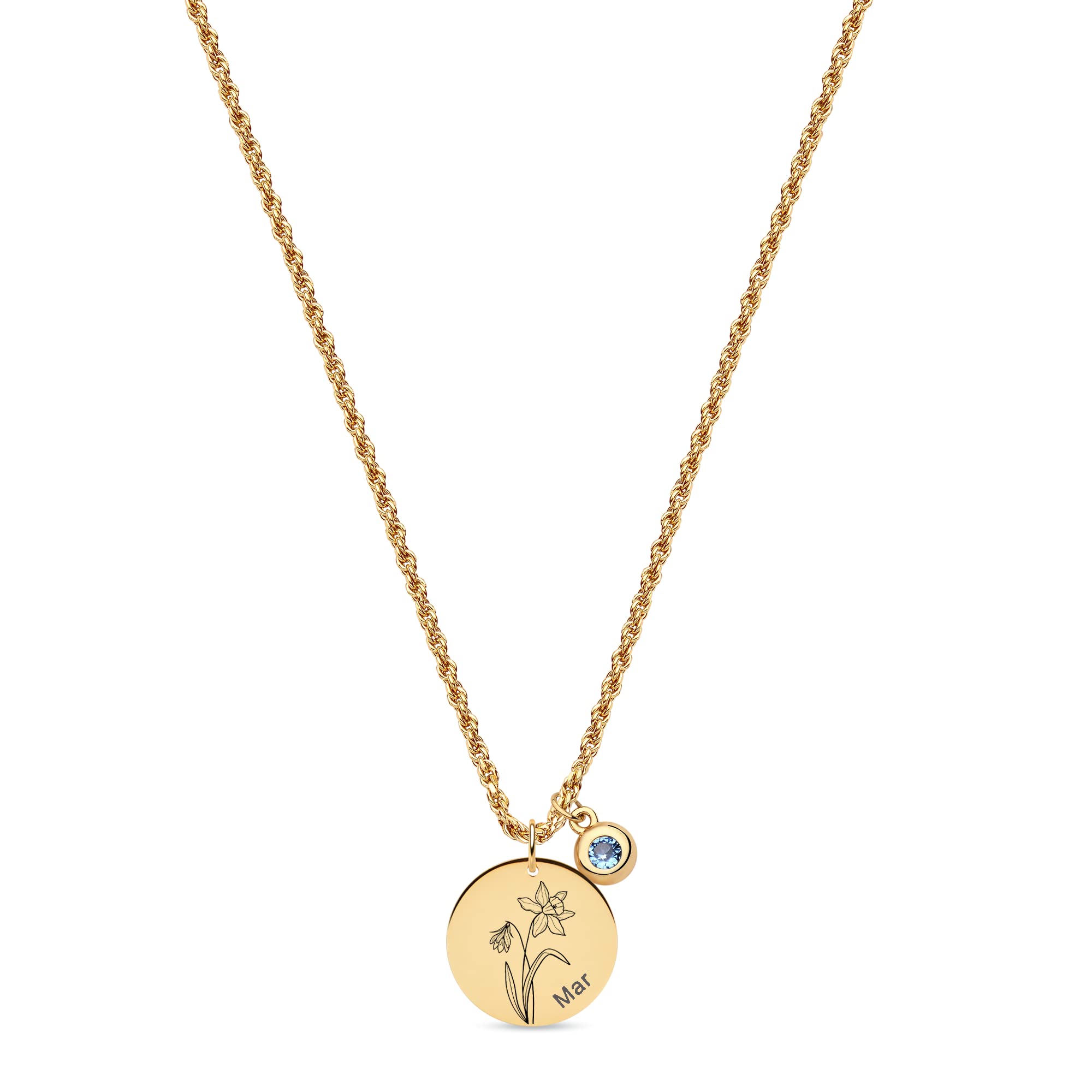 Fettero Birth Flower Necklace Gold Coin Stamp Dafodil Pendant Birthstone Aquamarine Month March 18K Gold Vacuum Plated Dainty 2MM Twist Rope Chain Simple Personalized Jewelry for Women