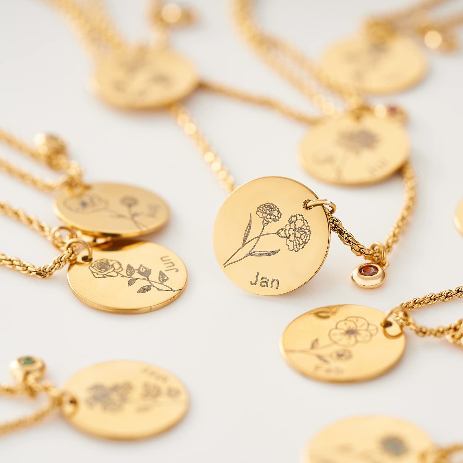 Fettero Birth Flower Necklace Gold Coin Stamp Dafodil Pendant Birthstone Aquamarine Month March 18K Gold Vacuum Plated Dainty 2MM Twist Rope Chain Simple Personalized Jewelry for Women