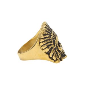 Moca Jewelry Cool Feather Dayak Indian Headdress Punk Skull 18K Gold Plated Hip Hop Stainless Steel Ring for Men Women