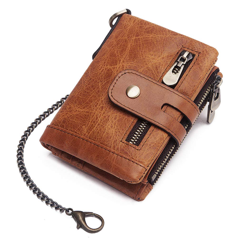 boshiho Real Leather RFID Blocking Bifold Wallets for Men Double Zipper Coin Pocket Purse with Anti-Theft Chain (Khaki)