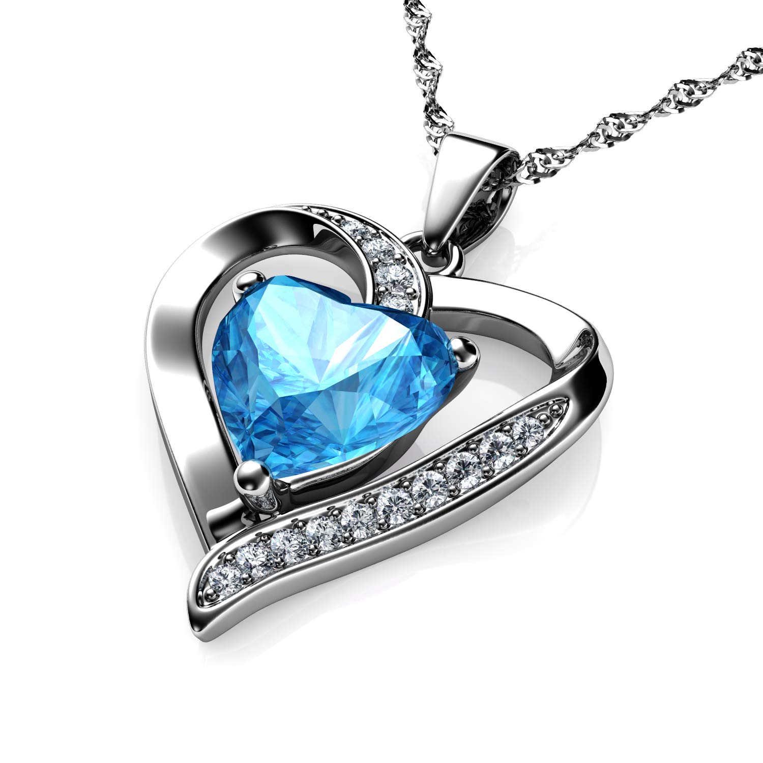 DEPHINI - Heart Necklace - 925 Sterling Silver - Aquamarine Birthstone Embellished with Branded Crystal Pendant - Fine Jewelry 18" Rhodium Plated Chain