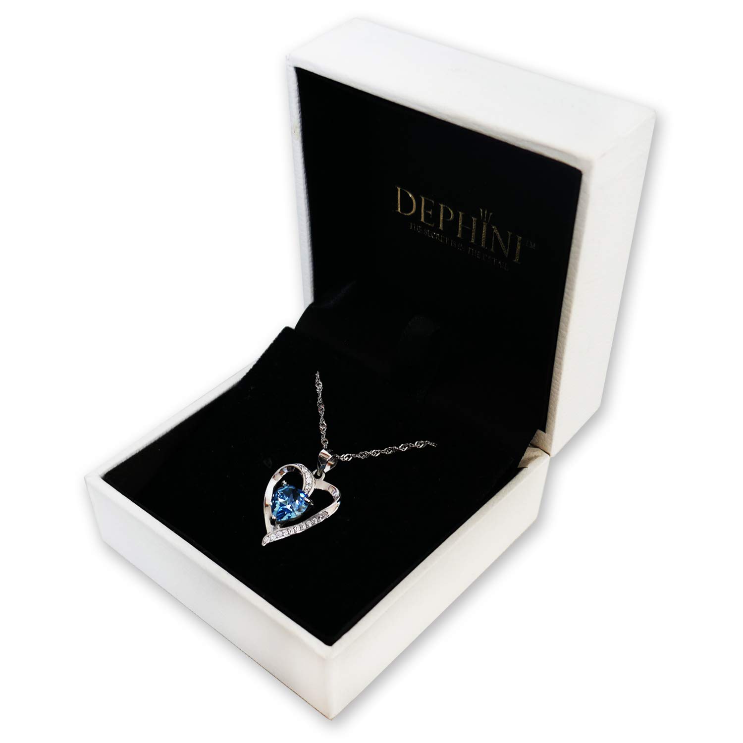 DEPHINI - Heart Necklace - 925 Sterling Silver - Aquamarine Birthstone Embellished with Branded Crystal Pendant - Fine Jewelry 18" Rhodium Plated Chain