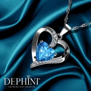 DEPHINI - Heart Necklace - 925 Sterling Silver - Aquamarine Birthstone Embellished with Branded Crystal Pendant - Fine Jewelry 18" Rhodium Plated Chain