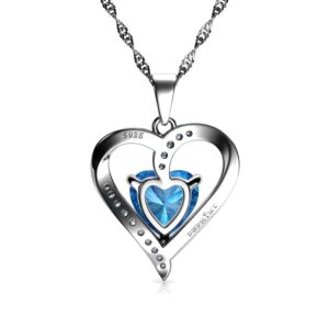 DEPHINI - Heart Necklace - 925 Sterling Silver - Aquamarine Birthstone Embellished with Branded Crystal Pendant - Fine Jewelry 18" Rhodium Plated Chain