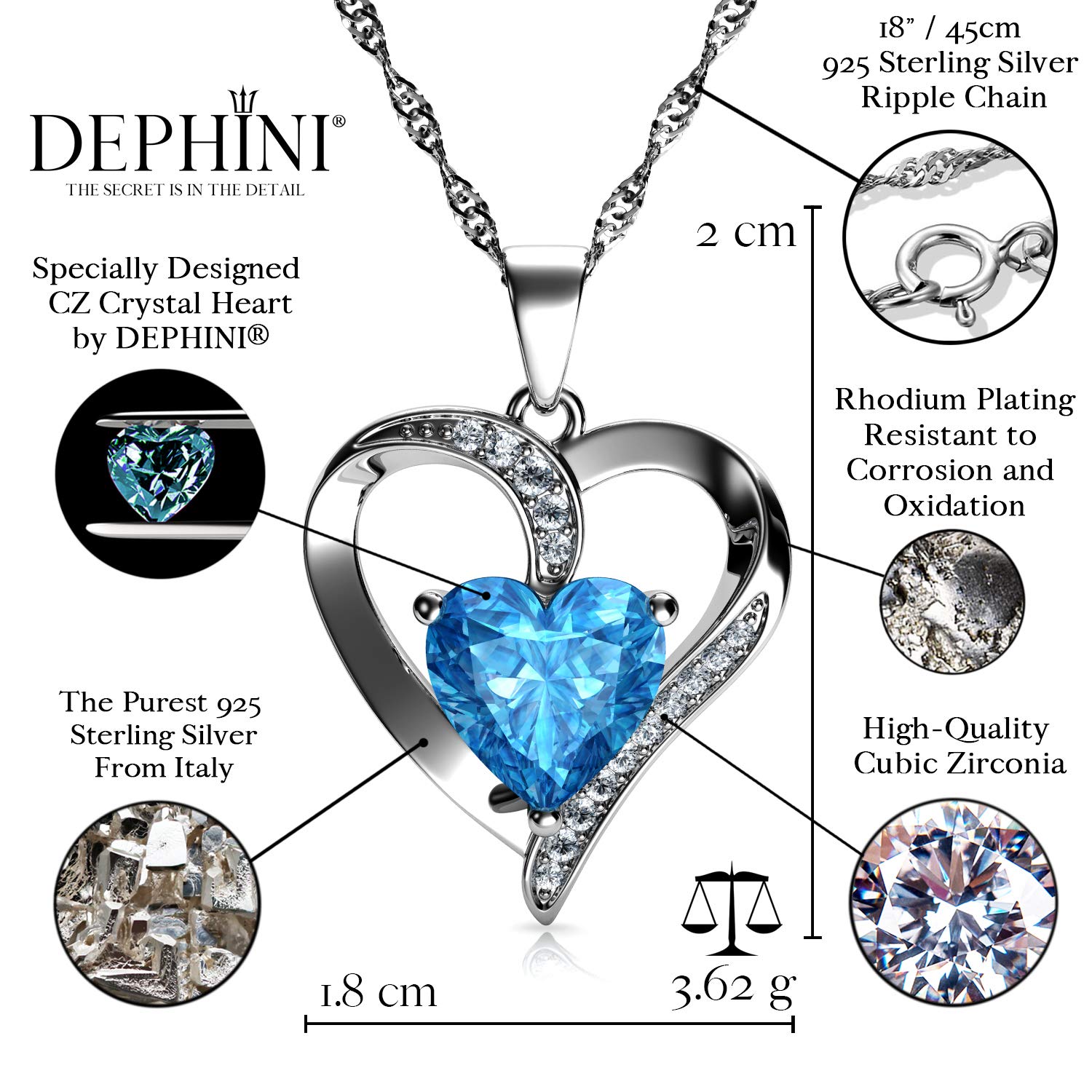 DEPHINI - Heart Necklace - 925 Sterling Silver - Aquamarine Birthstone Embellished with Branded Crystal Pendant - Fine Jewelry 18" Rhodium Plated Chain