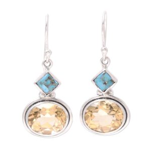 NOVICA Artisan Handmade Citrine Dangle Earrings Ninecarat Composite Turquoise Sterling Silver Reconstituted India Birthstone Gemstone [1.4 in L x 0.6 in W x 0.2 in D] ' Watery Gold'