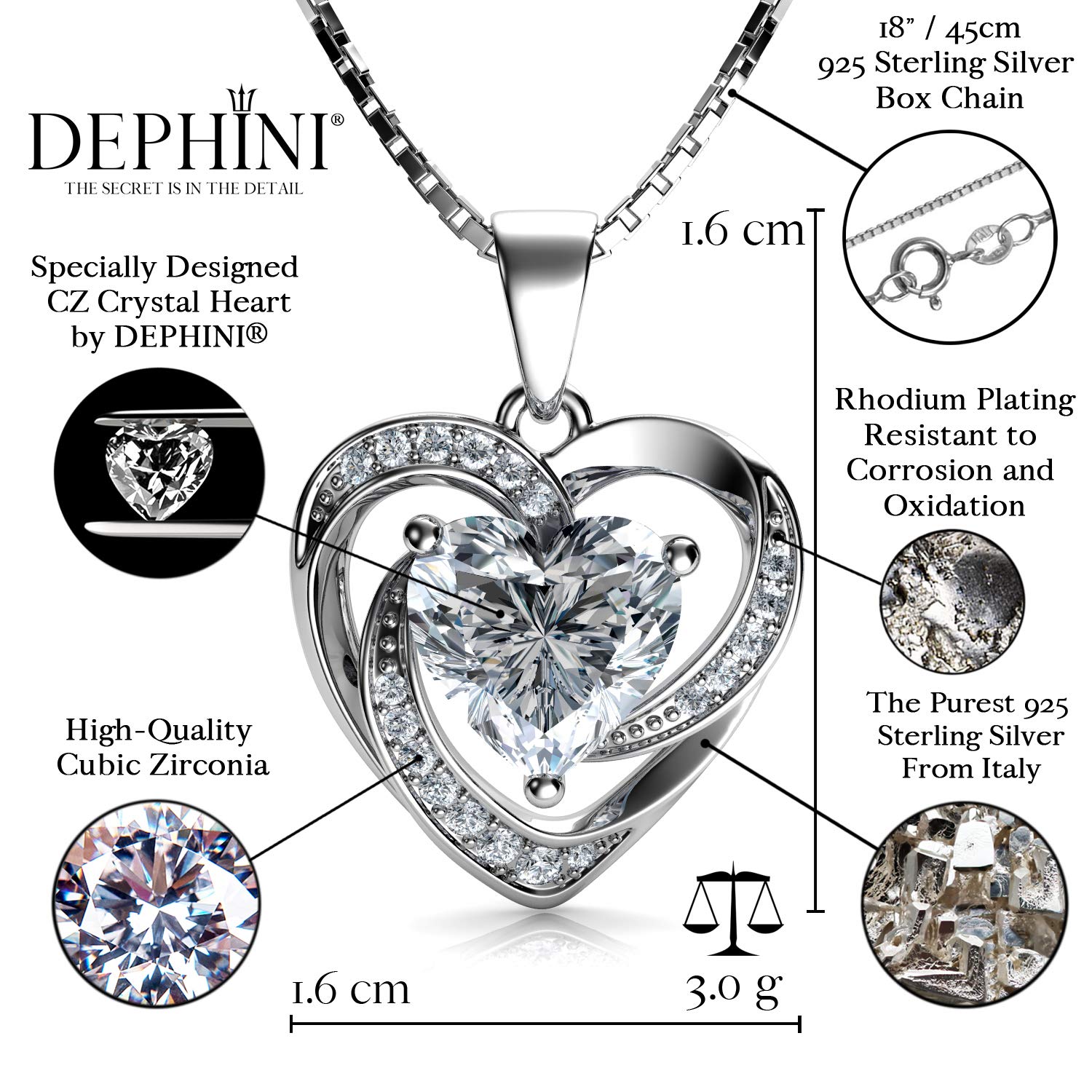 DEPHINI - White Heart Necklace - 925 Sterling Silver - Branded CZ Crystal Pendant Birthstone - Fine Jewellery Love - 18" Premium Rhodium Plated Silver Chain - Cubic Zirconia - Gifts for Women