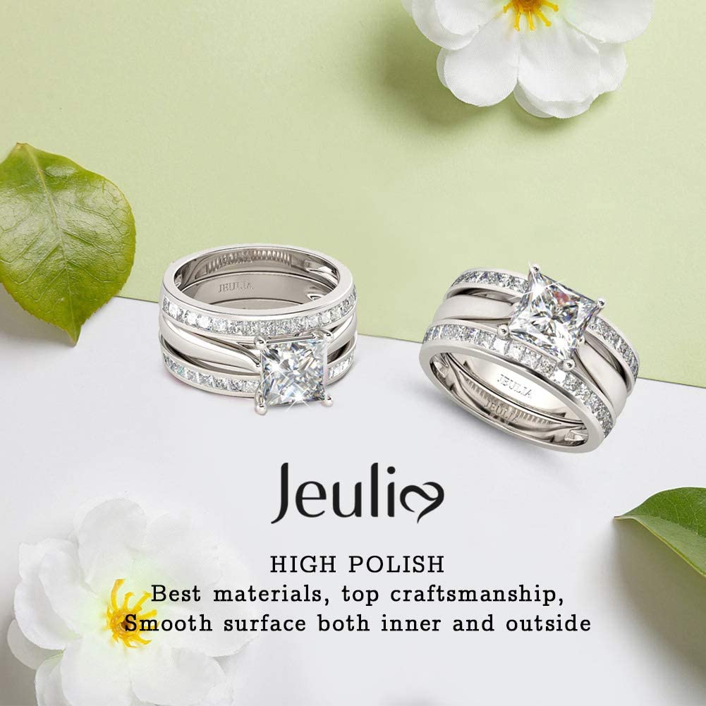 Jeulia 4.37 Carat Engraved Pricess Cut Cubic Zirconia Engagement Ring Diamond Wedding Bands for Women CZ Solitaire Sterling Silver Anniversary Bridal Promise Rings Set (8.5)