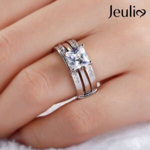 Jeulia 4.37 Carat Engraved Pricess Cut Cubic Zirconia Engagement Ring Diamond Wedding Bands for Women CZ Solitaire Sterling Silver Anniversary Bridal Promise Rings Set (8.5)