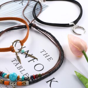 Hicarer 3 Pieces Suede Choker Necklaces American Indian Feather Handmade Necklaces Adjustable Leather Turquoise Choker Necklace Moon Crescent Pendant Choker for Women Accessories