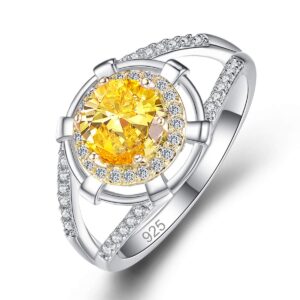 emsione 925 sterling silver plated created citrine round cz cut halo with round side stones eternity ring anniversary wedding engagement band ring size 8 color yellow