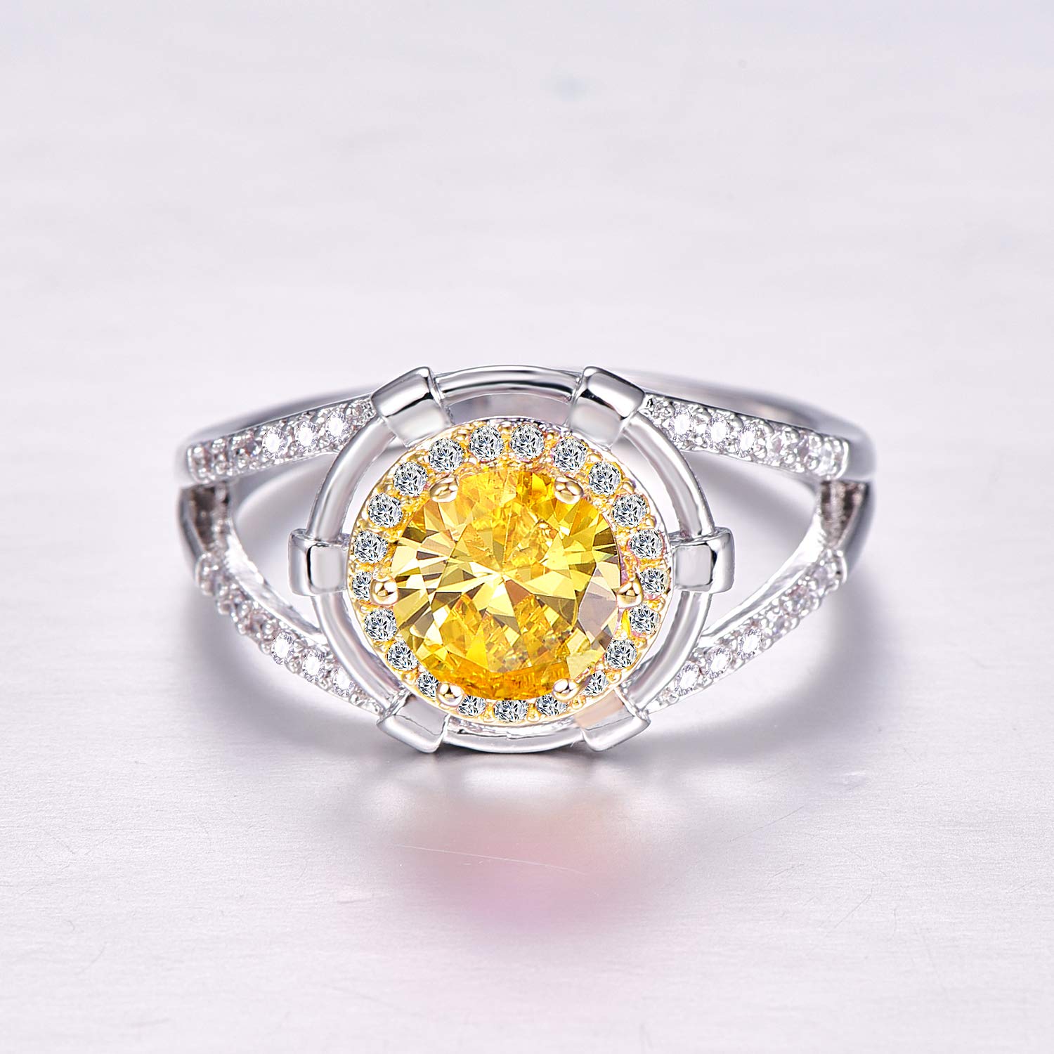 Emsione 925 Sterling Silver Plated Created Citrine Round CZ Cut Halo with Round Side Stones Eternity Ring Anniversary Wedding Engagement Band Ring Size 8 Color Yellow