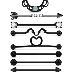 Prjndjw 14G Industrial Earrings For Women Mne Opal Heart surgical steel industrial piercing jewelry barbell Arrow screw external thread jewelry black industrial piercing jewelry 38MM