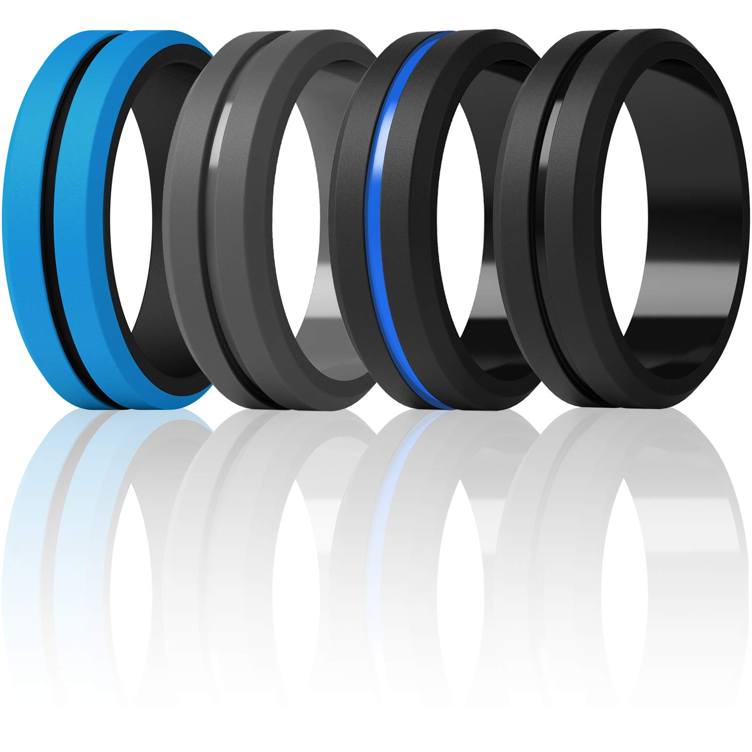 ThunderFit Silicone Wedding Rings for Men, Brushed Top Middle Engraved Line Rubber Engagement Bands 8.2mm Wide 2.5mm Thick - 1/4/6/7 Variety Multipack (Pack N - Size 10.5-11 (20.60mm))