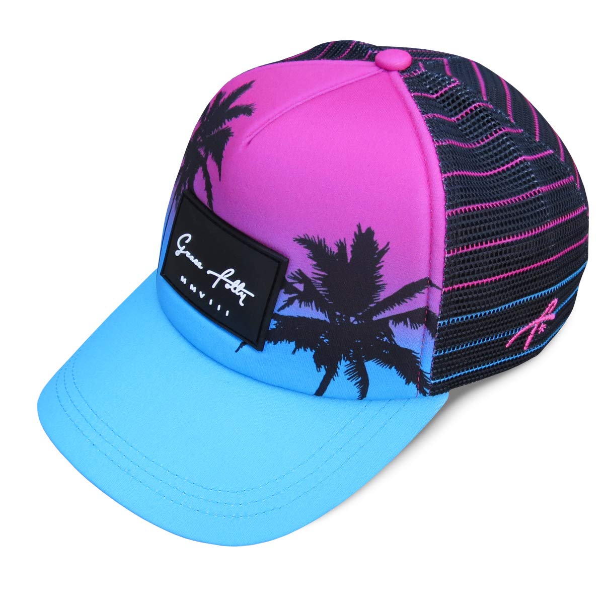 Grace Folly Foam Trucker Hat Snapback Mesh Baseball Cap for Men or Women (Palm- Pink & Teal)