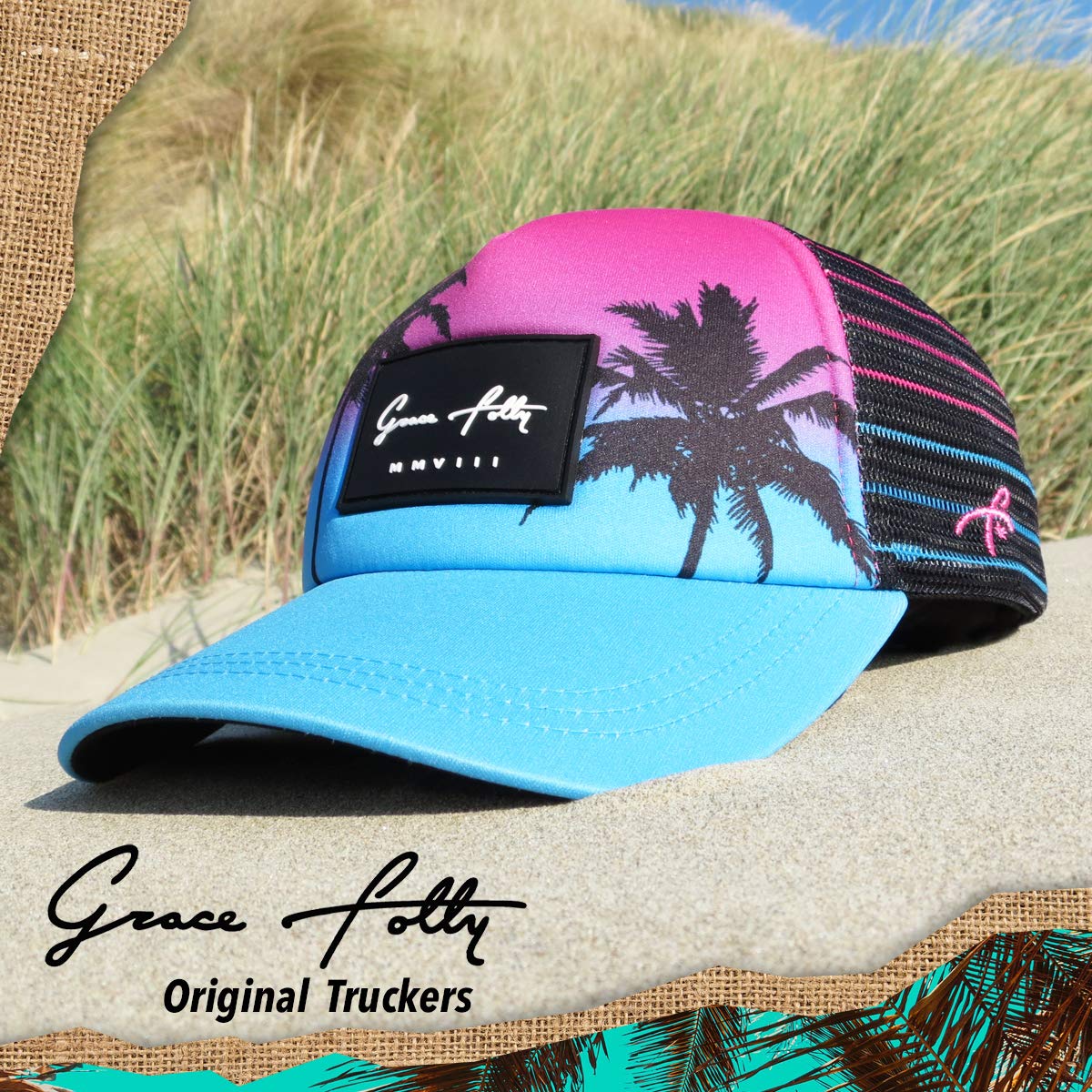 Grace Folly Foam Trucker Hat Snapback Mesh Baseball Cap for Men or Women (Palm- Pink & Teal)