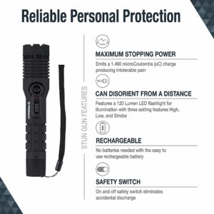 SABRE Ruger 2-in-1 Stun Gun and Flashlight, 1.460 μC Charge, 120 Lumen LED Light, High, Low, And Strobe Light Modes, Recharge With Included Charging Cable, Comes With Belt Holster