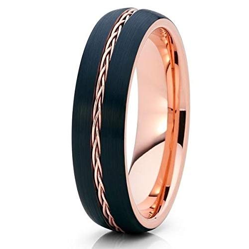 Silly Kings Jewelry Rose Gold Tungsten Ring - 6mm - Braid Ring - Black Tungsten - Rose Gold Band (11)