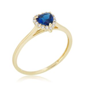 AVORA 10K Yellow Gold September Birthstone- Blue Sapphire with Simulated Diamond CZ Heart Halo Fashion Ring - Size 8