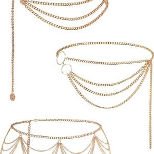 3 Pieces Belly Waist Chain Multi Layer Metal Waist Chain Body Summer Beach Chain for Women and Girls (Tassel Style)