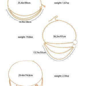 3 Pieces Belly Waist Chain Multi Layer Metal Waist Chain Body Summer Beach Chain for Women and Girls (Tassel Style)