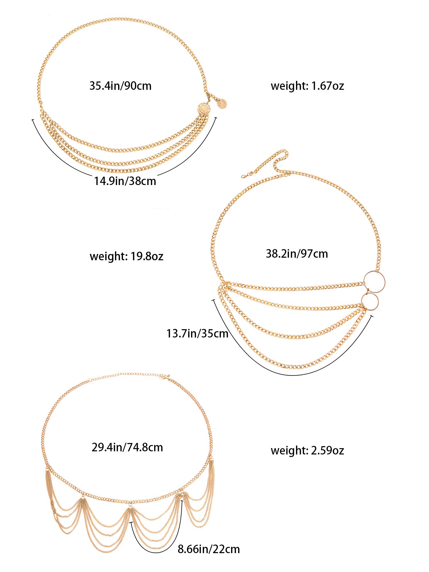 3 Pieces Belly Waist Chain Multi Layer Metal Waist Chain Body Summer Beach Chain for Women and Girls (Tassel Style)