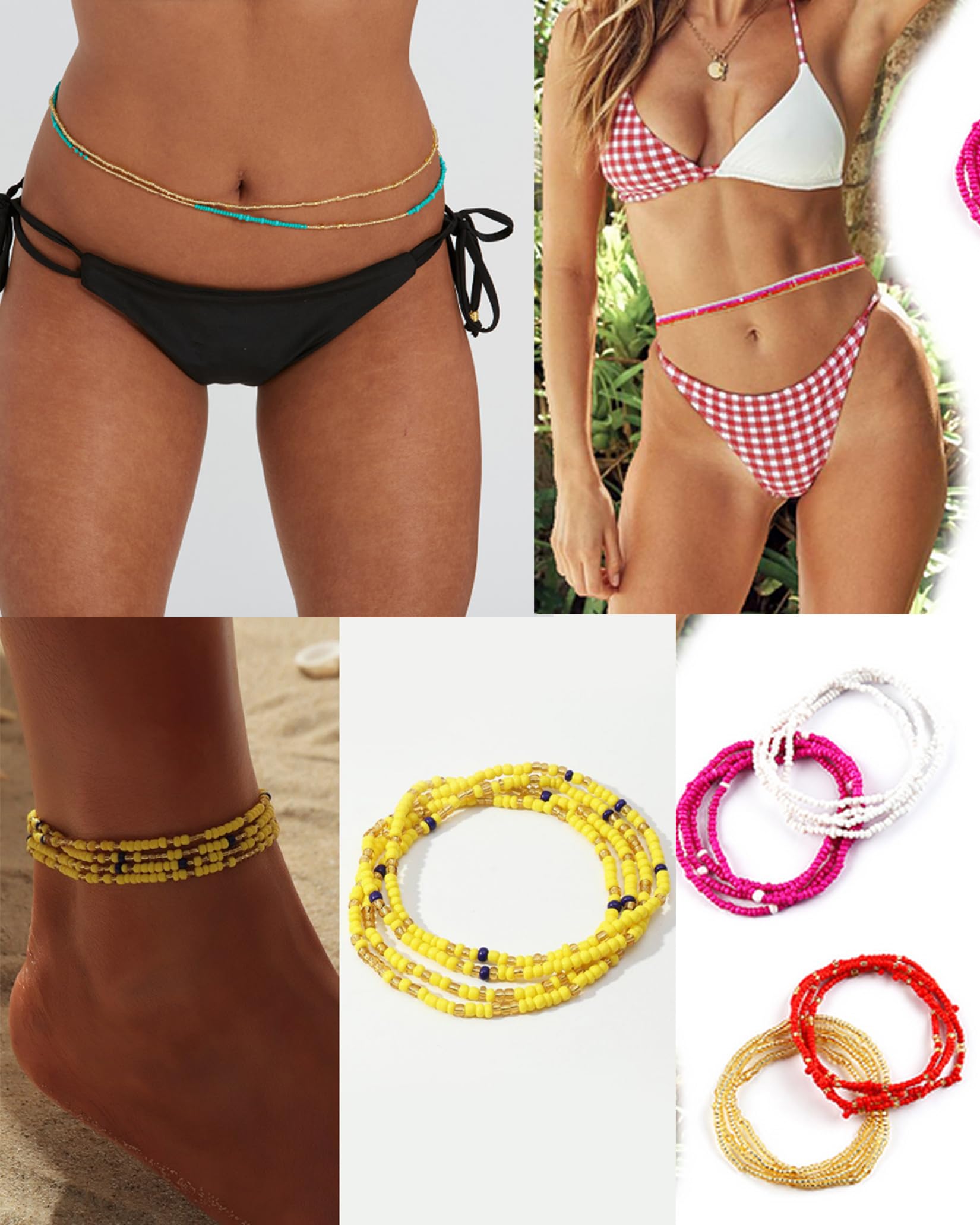 Tornito 16Pcs Belly Waist Chain Summer Jewelry Bikini Body Chain for Women African Waist Bead Set Stretchy Elastic String Multi-Color Sexy Necklace Bracelet Anklet