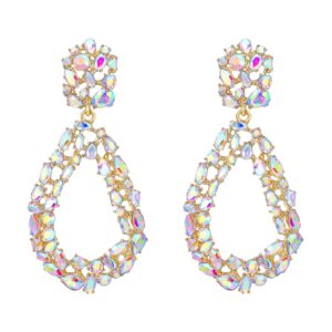 flyonce women's crystal open hoop oval drop pierced dangle earrings iridescent clear ab gold-tone