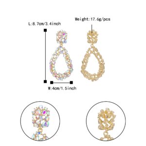 Flyonce Women's Crystal Open Hoop Oval Drop Pierced Dangle Earrings Iridescent Clear AB Gold-Tone