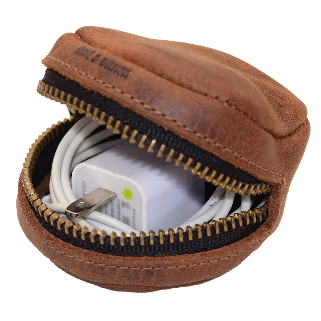 Hide & Drink, Rounded Coin Case, Zippered Wallet, Travel Pouch, Full Grain Leather, Handmade, Bourbon Brown