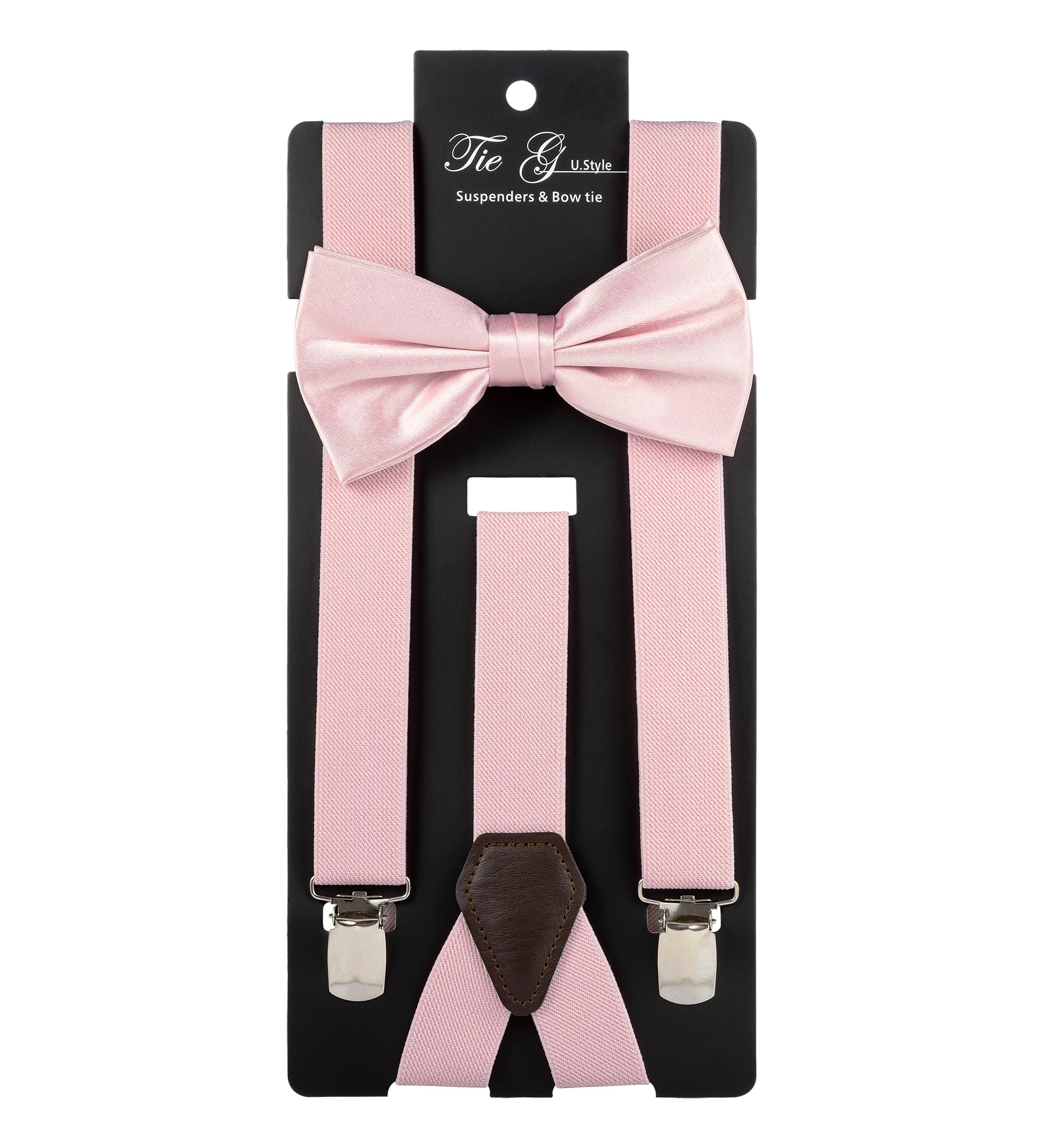 TIE G Solid Color Men's Suspender + Woven Bow Tie Set for Wedding : Vivid Color, Adjustable Brace, Strong Enhanced Clip, Elastic Band (Blush)