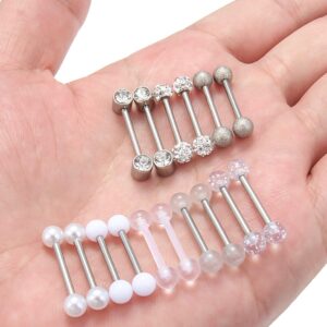 Prjndjw 14G Nipple Rings Surgical Steel Tongue Rings Plastic Nipple Piercing Barbell Nipplering Diamond CZ Body Piercing Jewelry Retainer for Women Men 14mm Length Size Silver-tone 8Pairs