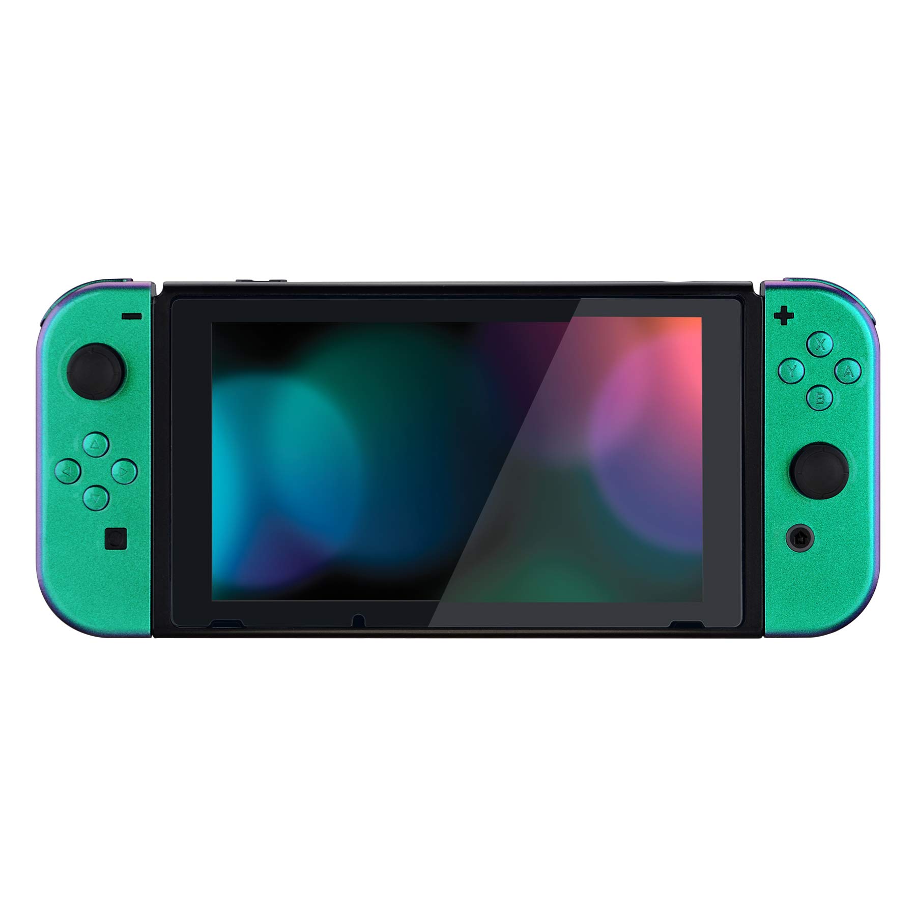 eXtremeRate DIY Replacement Shell Buttons for Nintendo Switch, Custom Back Plate for Switch Console, Housing Case with Full Set Buttons for Joycon Handheld Controller - Chameleon Green Purple