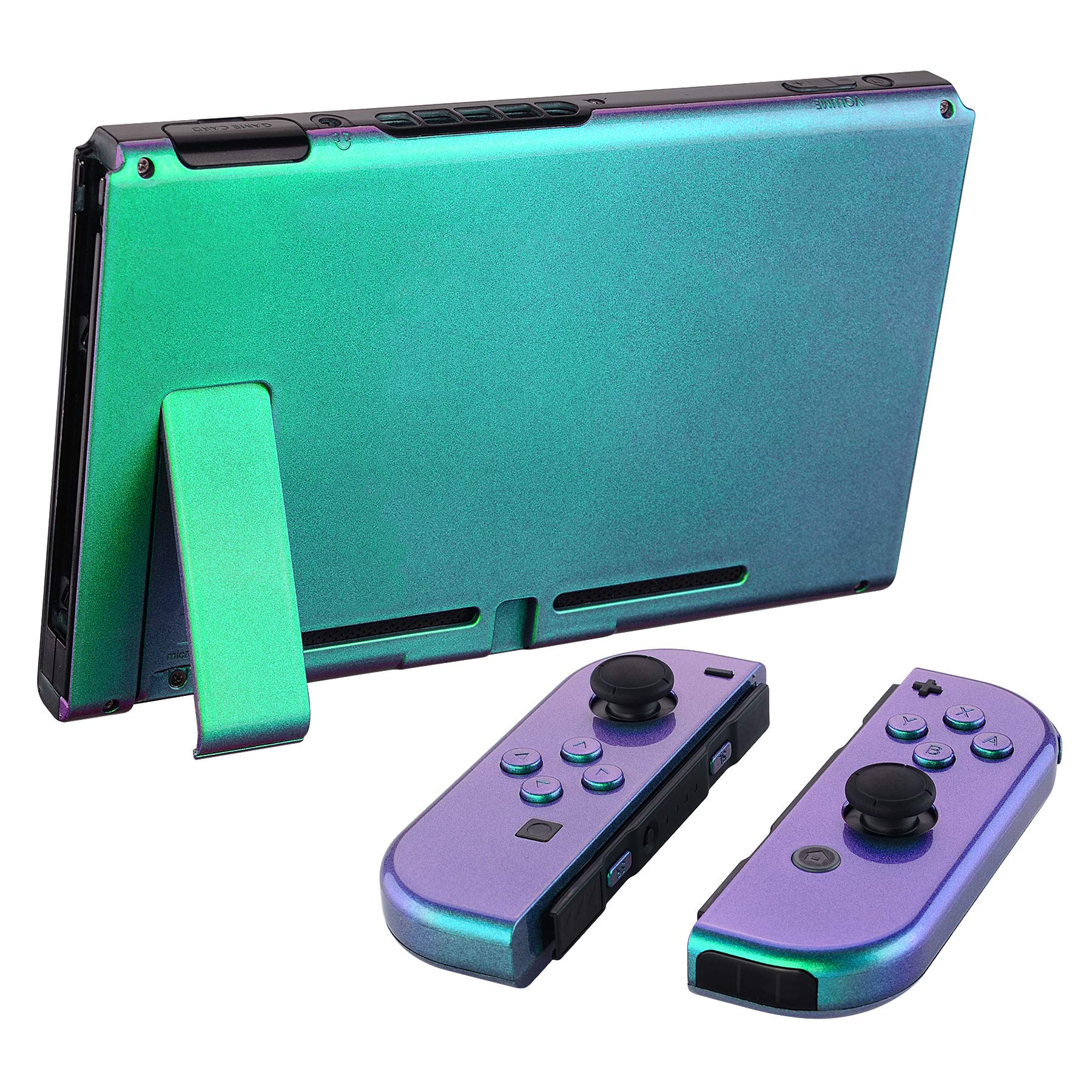 eXtremeRate DIY Replacement Shell Buttons for Nintendo Switch, Custom Back Plate for Switch Console, Housing Case with Full Set Buttons for Joycon Handheld Controller - Chameleon Green Purple