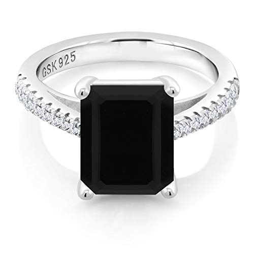 Gem Stone King 925 Sterling Silver Black Onyx and White Created Sapphire Women's Wedding Engagement Ring (3.39 Cttw, Gemstone Birthstone, 10X8MM Emerald Cut, Available In Size 5, 6, 7, 8, 9)