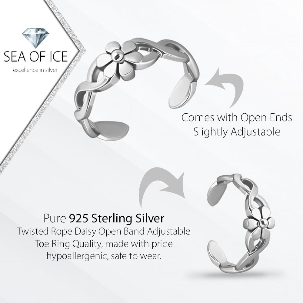 SEA OF ICE Toe Rings for Women Sterling Silver – Braided Flower Daisy Ring for Women – Premium 925 Sterling Silver Toe Rings for Women – Adjustable Silver Band Ring