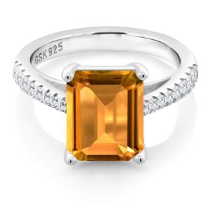 Gem Stone King 925 Sterling Silver Yellow Citrine and White Created Sapphire Women's Engagement Ring (3.16 Cttw, Emerald Cut 10X8MM, Gemstone Birthstone, Available in size 5, 6, 7, 8, 9)