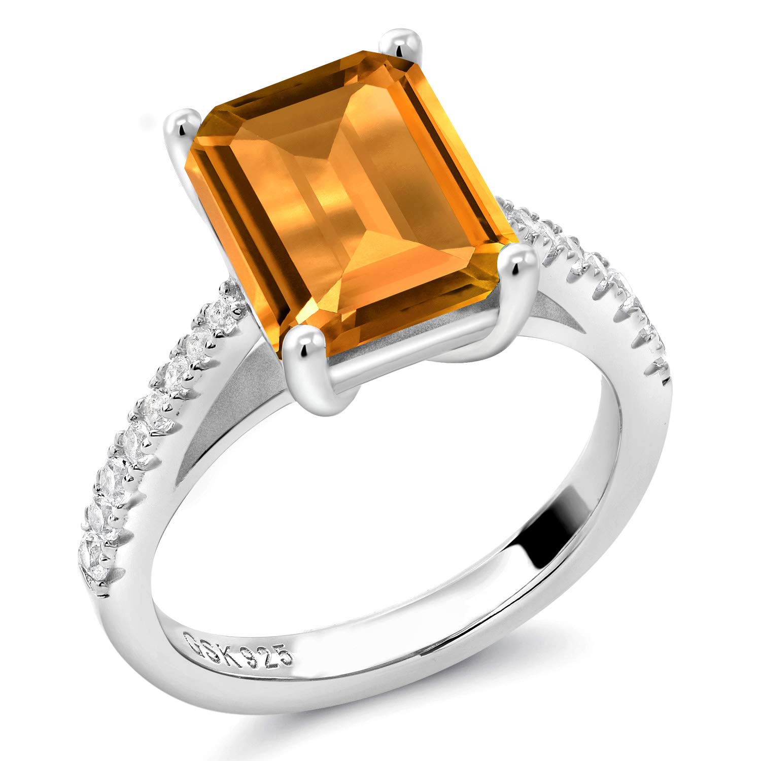 Gem Stone King 925 Sterling Silver Yellow Citrine and White Created Sapphire Women's Engagement Ring (3.16 Cttw, Emerald Cut 10X8MM, Gemstone Birthstone, Available in size 5, 6, 7, 8, 9)